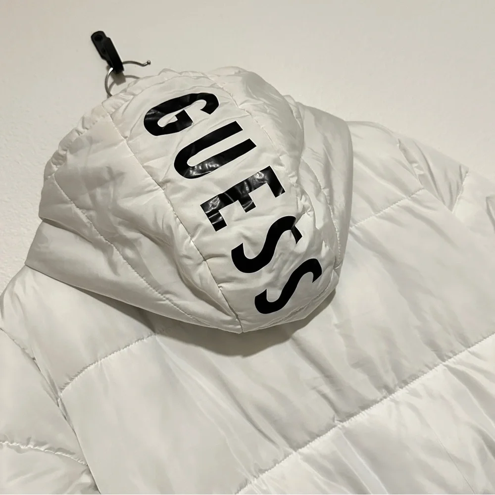 Guess White Black Longline Hooded Zip Button Puffer Jacket / Coat Size XL